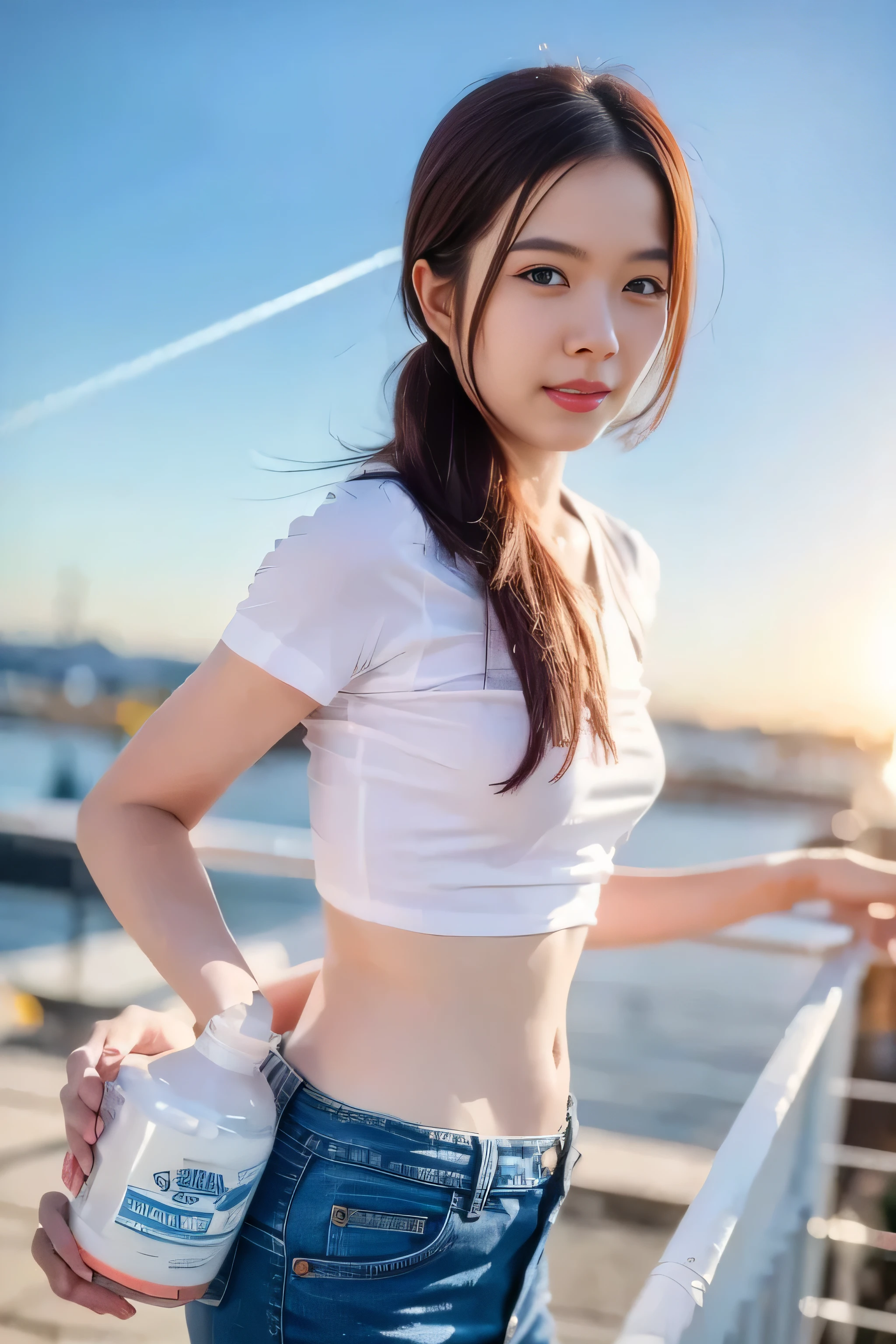 RAW photo, selfie, subject, high quality, armoutstretched, pov, personal, intimate, self-portrait, korean female, beautiful, black hair, ponytail, wearing a black cap, white crop top, smiling, airport entrance in background, sunny day, sunlight,