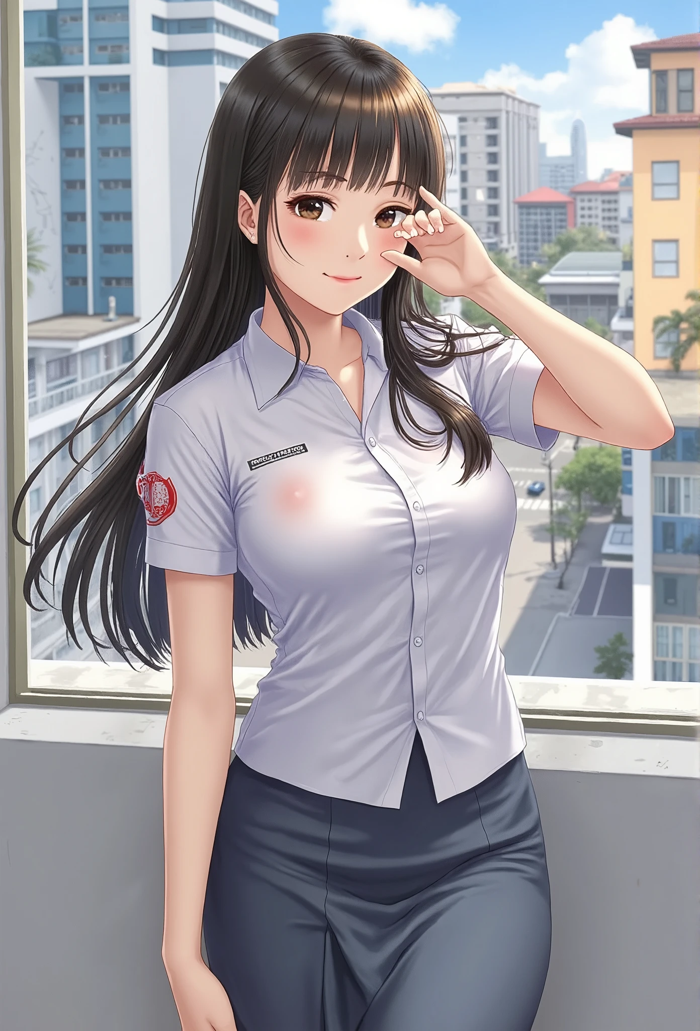 anime, (masterpiece, best quality:1.2), 1girl, Alone, indonesian_high_school, doodle shirt, pencil skirt, ((huge breasts:2)), city background