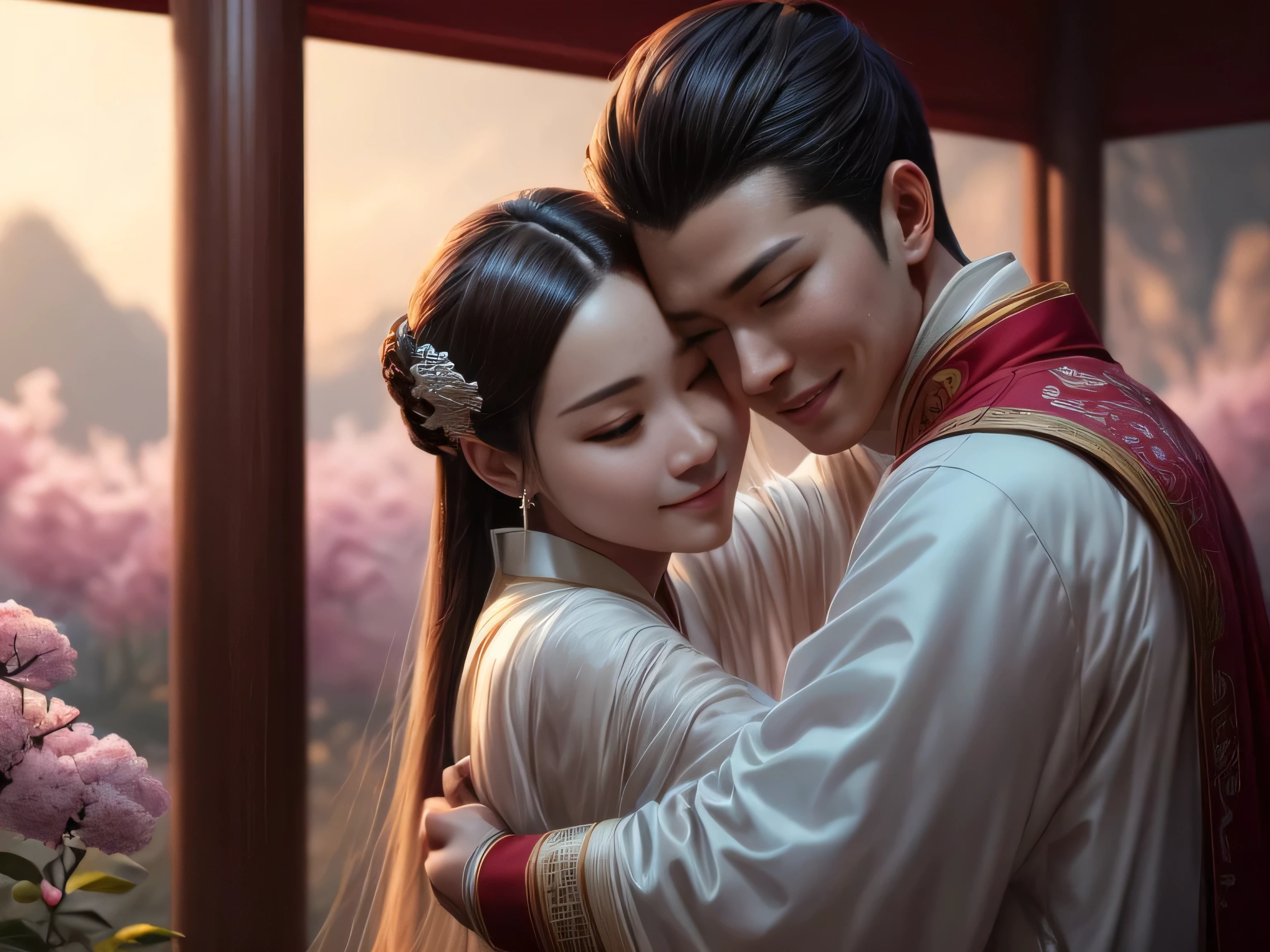 (Best Quality, Super Detail, Masterpiece, Representative Work, Official Art, Professional, Super Fine Detail, 8k:1.3), (photorealism:1.2), (Couple, Beautiful Girl and Boy), A couple in the sea of flowers, Handsome guy hugs beautiful girl from behind, Smiling and Wearing White Clothes, Delicate Hair, Ancient Chinese Beauty and Handsome Man, Wearing Ancient Chinese Clothes, Flowing Tulle, Light Silk, Create a movie poster similar to those used in Chinese romantic fantasy dramas, Perfect face, perfect hands, Sweet atmosphere, Photorealistic, Sharp Focus, Dreamy Atmosphere, Delicate Details, Soft Volumetric Light, (Backlight:1.3), (Cinematic:1.2), Intricate Details, (ArtStation:1.3)