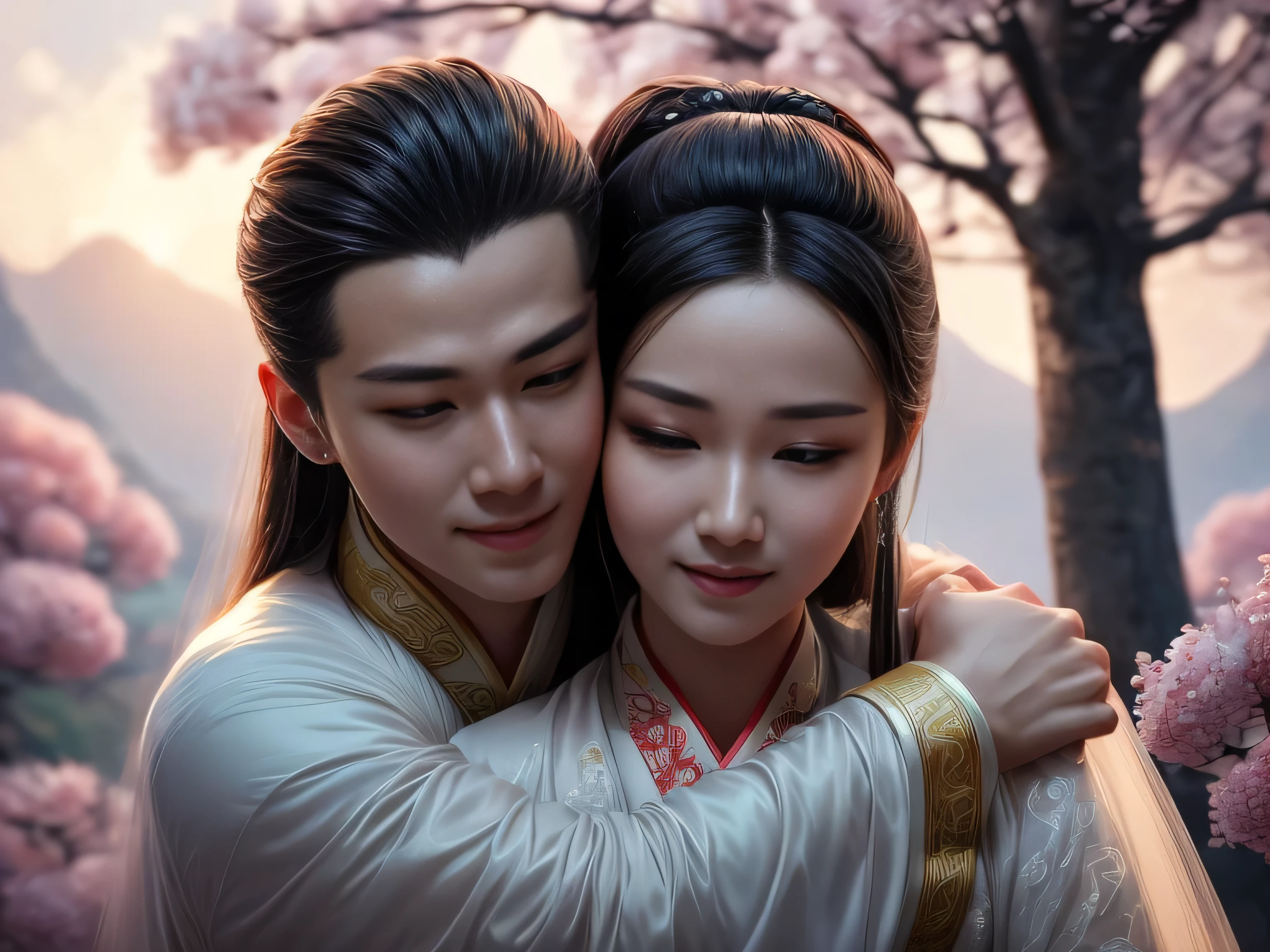 (Best Quality, Super Detail, Masterpiece, Representative Work, Official Art, Professional, Super Fine Detail, 8k:1.3), (photorealism:1.2), (Couple, Beautiful Girl and Boy), A couple in the sea of flowers, Handsome guy hugs beautiful girl from behind, Smiling and Wearing White Clothes, Delicate Hair, Ancient Chinese Beauty and Handsome Man, Wearing Ancient Chinese Clothes, Flowing Tulle, Light Silk, Create a movie poster similar to those used in Chinese romantic fantasy dramas, Perfect face, perfect hands, Sweet atmosphere, Photorealistic, Sharp Focus, Dreamy Atmosphere, Delicate Details, Soft Volumetric Light, (Backlight:1.3), (Cinematic:1.2), Intricate Details, (ArtStation:1.3)