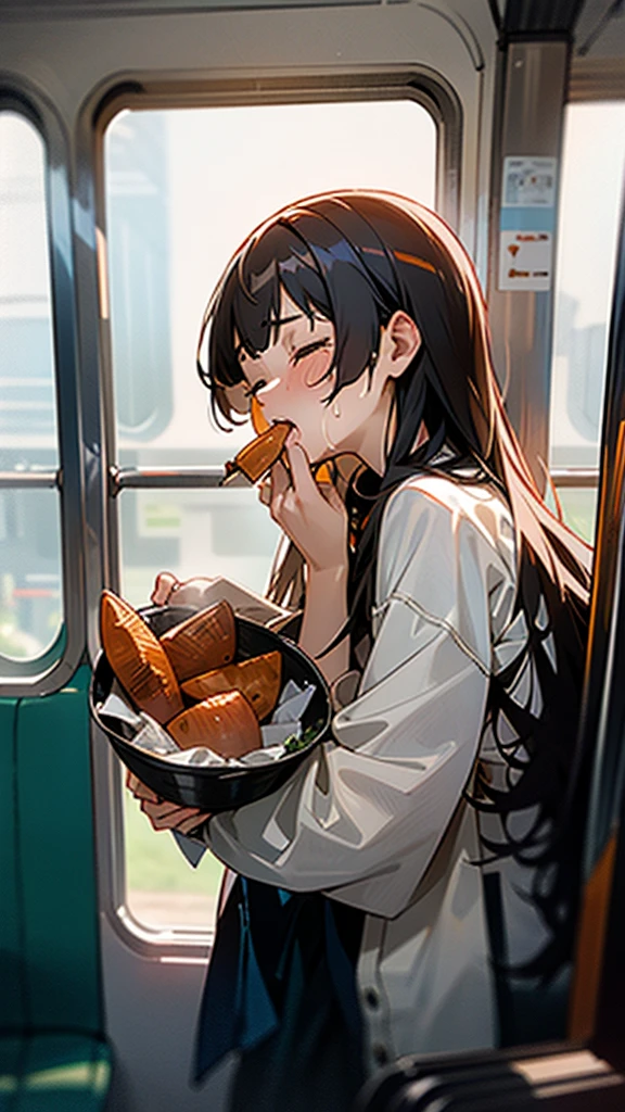 NSFW,naked,nude,With a wrinkled face and big tears, I close my eyes and shed a flood of tears,mayuzumi_fuyuko eating roasted sweet potatoes on the train while turning away, screaming and crying, and leaning her face back slightly