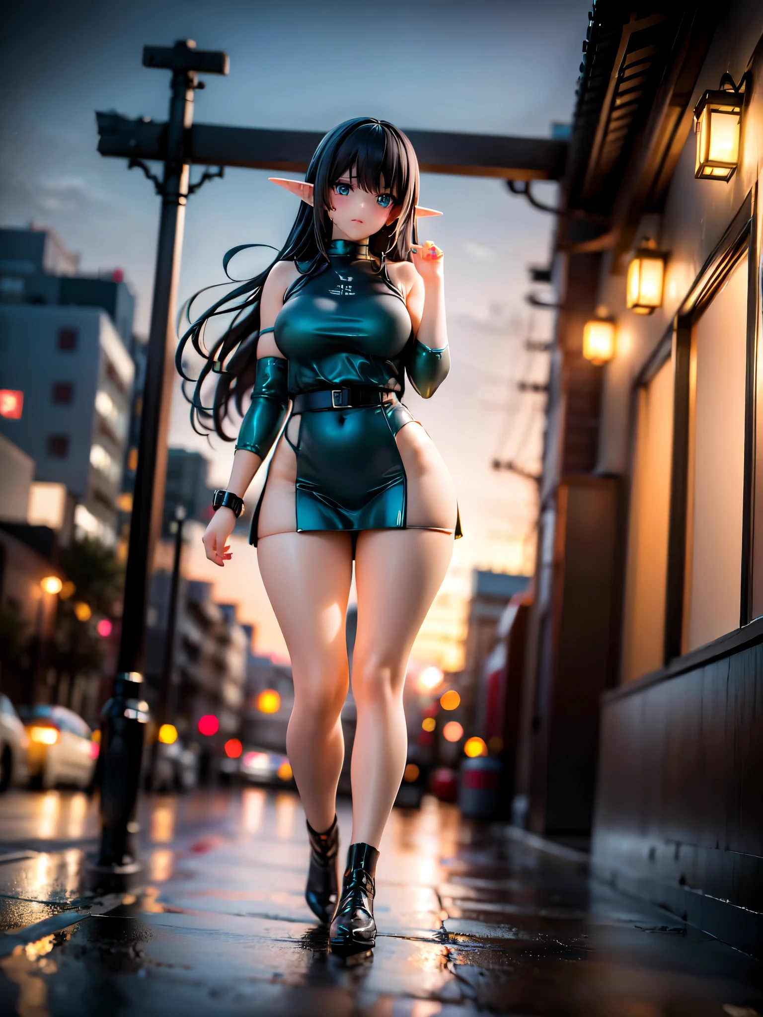 ((woman,Huge breasts, Huge breasts:1.8,とても唇が赤いHuge breastsを強調,Big Ass,Narrow waist,Long legs,Green Eyes立っている)) 8K(((((Anime Style)))))8K(((((Anime Style)Green Eyes)))) 8K((Stand at the station))8K((Waiting for a train at the station))8K((evening:1.７))8K((beautiful woman))8K(You&#39;re good at drawing faces)((学生blazer15歳学生服 緑のネクタイ, blazer, Pleated skirt))