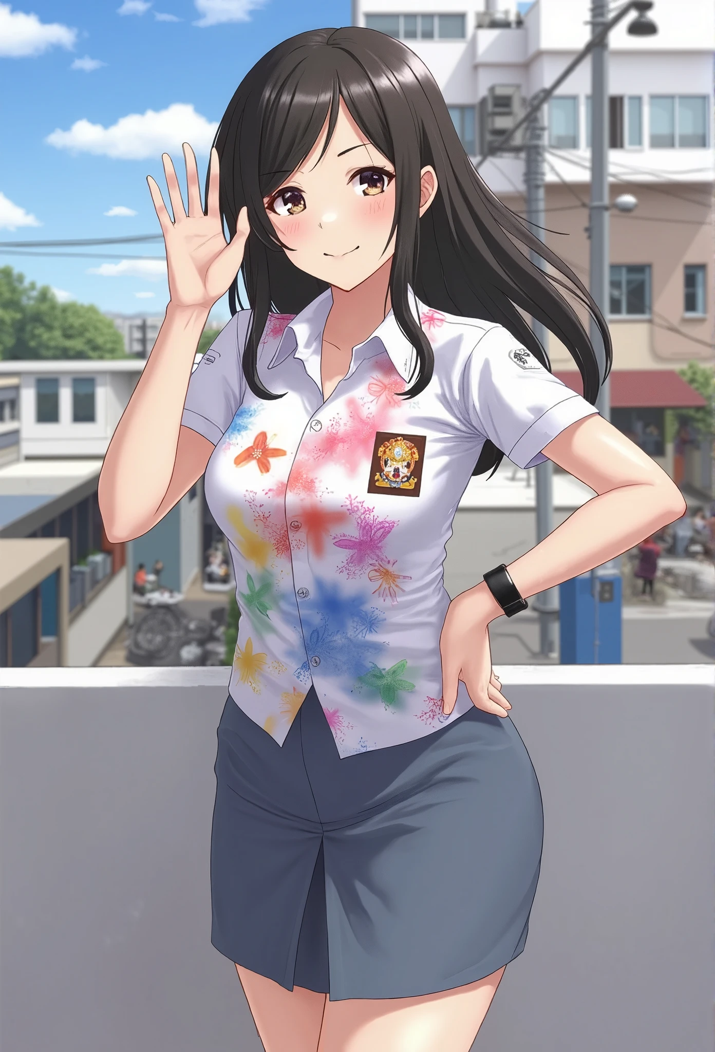 anime, (masterpiece, best quality:1.2), 1girl, Alone, indonesian_high_school, doodle shirt, pencil skirt, ((huge breasts:2)), city background