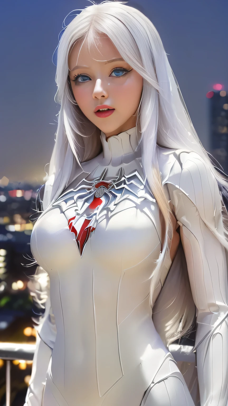 (Masterpiece, 4K resolution, ultra-realistic, highly detailed), (White costume superhero theme, charismatic, girl on top of the city, wearing white Spider-Man costume, superheroine), [((2), (long white hair:1.2), full-body, (blue eyes:1.2), (Spider-Man dynamic poses) ((gritty urban environment):0.8)| (urban landscape, nighttime, dynamic lights), (full moon))]