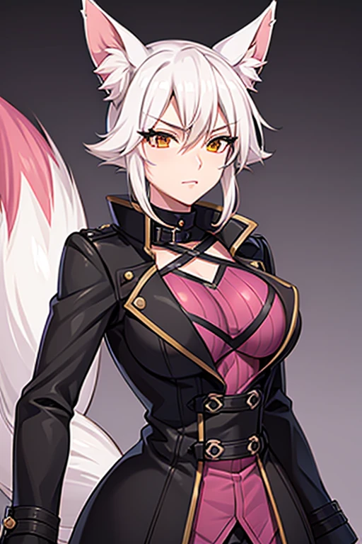 Fox-tailed zorro waifu, milf, pirate trench coat , HD, white hair with pink, bust, 