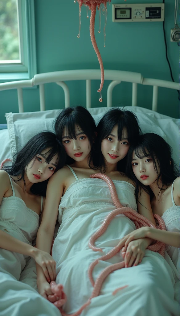 Three girls in underwear、Sleeping in bed、Legs intertwined、A smile、bending forward、Colossal tits、(in 8K) , master piece, (No retouching, Lip gloss, False eyelashes, Real Skin, of the highest quality, 超A high resolution, depth of fields, chromatic abberation, Caustics, Wide Lighting, Natural Shading))Korean Idols、Live action、Sauce order、Japanese Models, Shot with Canon EOA 6 D Mark II, taken with canon eos 5 d mark iv, Young Gravure Idol,
