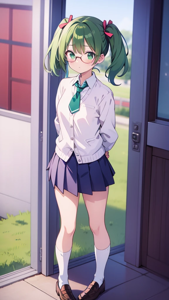 Anime girl standing with her arms folded behind her back　Window　Twin tails　Glasses　White crew socks　Black Loafers　Blazer uniform　tie　Green Hair