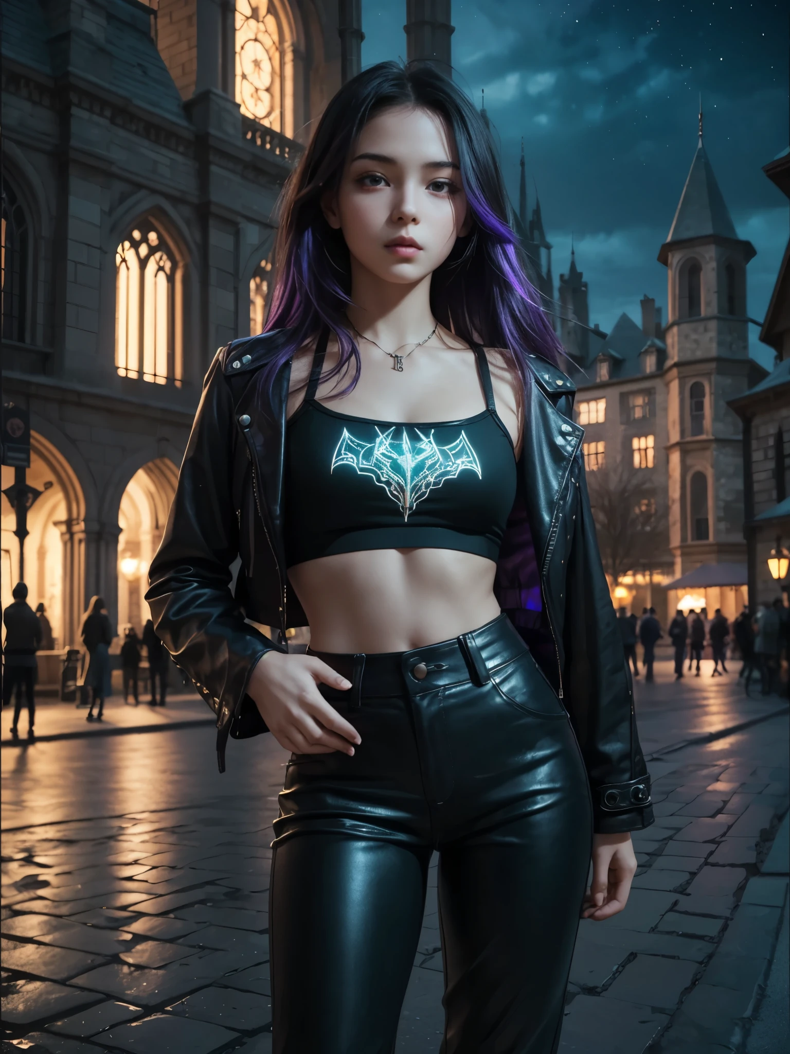 girl, standing, hand on waist, slightly bent leg, long leather jacket, layered hair, crop camisole, (yo, cute:1.4), (breasts:1.2), high waisted pants, looking at viewer, glowing hologram, violet dress, fantasy empress, outdoors, gothic architecture, alluring, midnight, dark night, pitch black night,