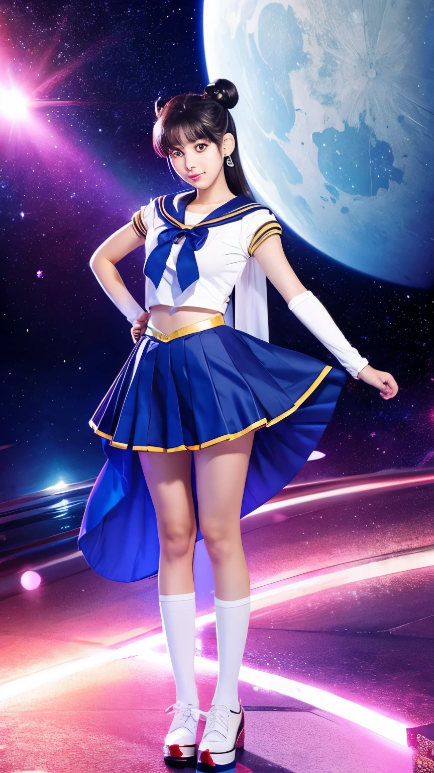 Masterpiece, best quality, (1 girl), super sailor moon, cowboy lens, night sky, moonlight, night, white gloves, blue eyes, galaxy background, multicolored clothes, school uniform, blue skirt, hair ornament, red bow, brooch, heart brooch, earrings, crescent, heart necklace, heart, very long hair, crescent moon earrings, tiara, yellow necklace, boots, knee boots,  red shoes, long legs