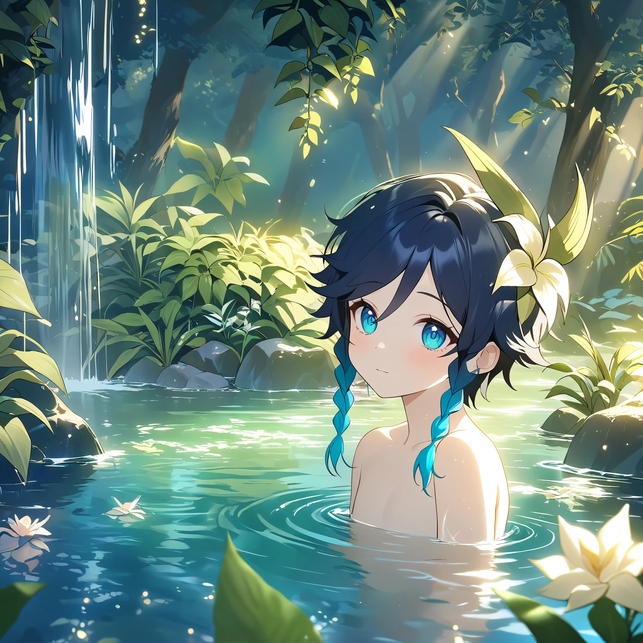 ((Highest quality)), ((masterpiece)), (detailed),Japanese,,Girl,nude,(Blue Eyes),smile,Flower Field,waterfall,Bathing,Small breasts,Bob Hair,(Upper Body),