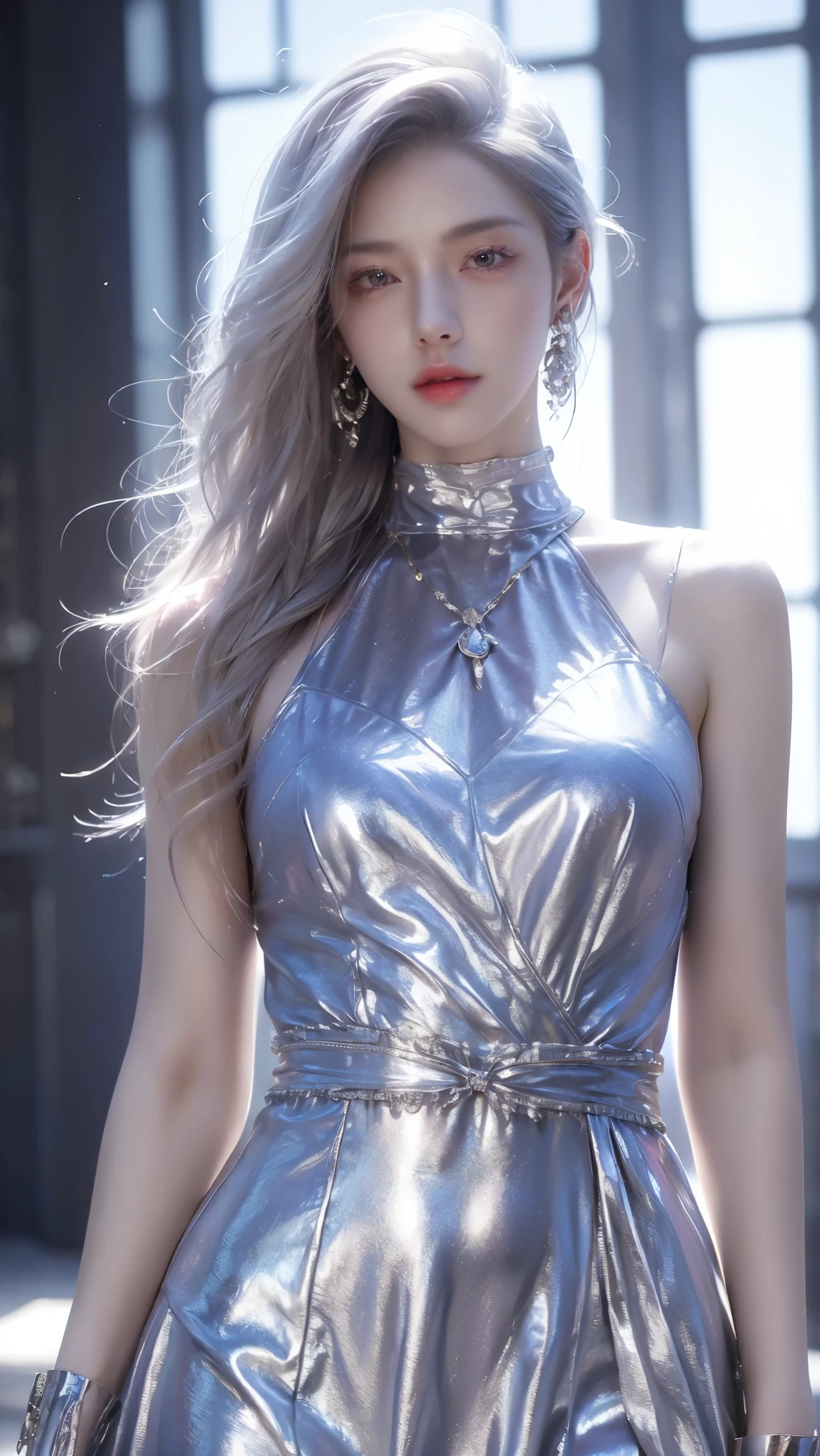 masterpiece, anatomically correct, accurate, textured skin, super detail, high quality, best quality, 8k, silver haired woman in dress, 1 woman, solo, sundress, photorealistic, realism, realistic, human