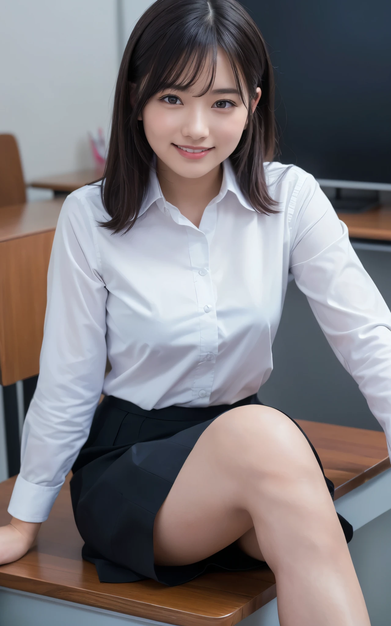 ((Best Quality, 8k, Masterpiecedetails, ultra-high resolution)), (portrait picture:1.2), (looking at the viewer), (fmiddle shot:), attractive business 1 girls, 1 people, a bit chubby:0.15, white collared shirt, grey skirt, (sitting with cross legs on office desks)), smile, office of CEO,