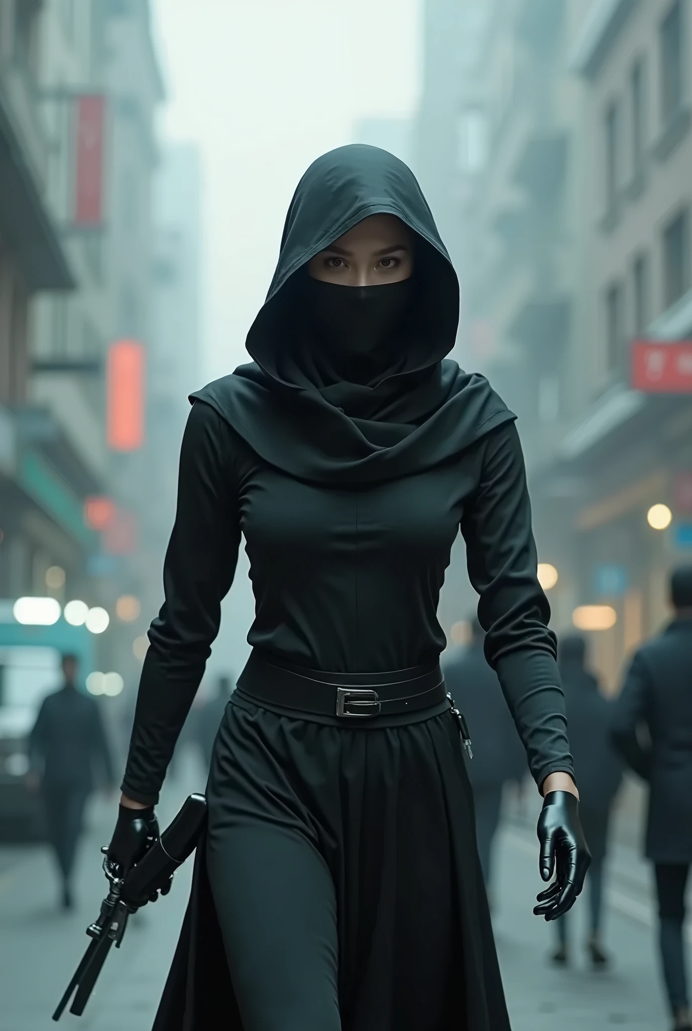 A female ninja wearing a black outfit and a black hood