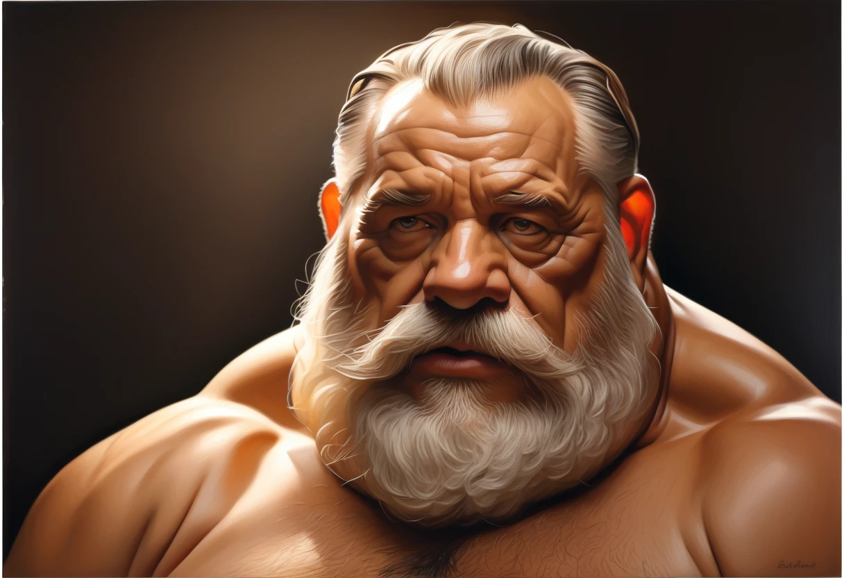 muscular old man with large belly, detailed face, detailed eyes, detailed lips, photo-realistic, oil painting, dramatic lighting, warm colors, cinematic, highly detailed, 8k, (best quality:1.2), (realistic:1.4), portrait