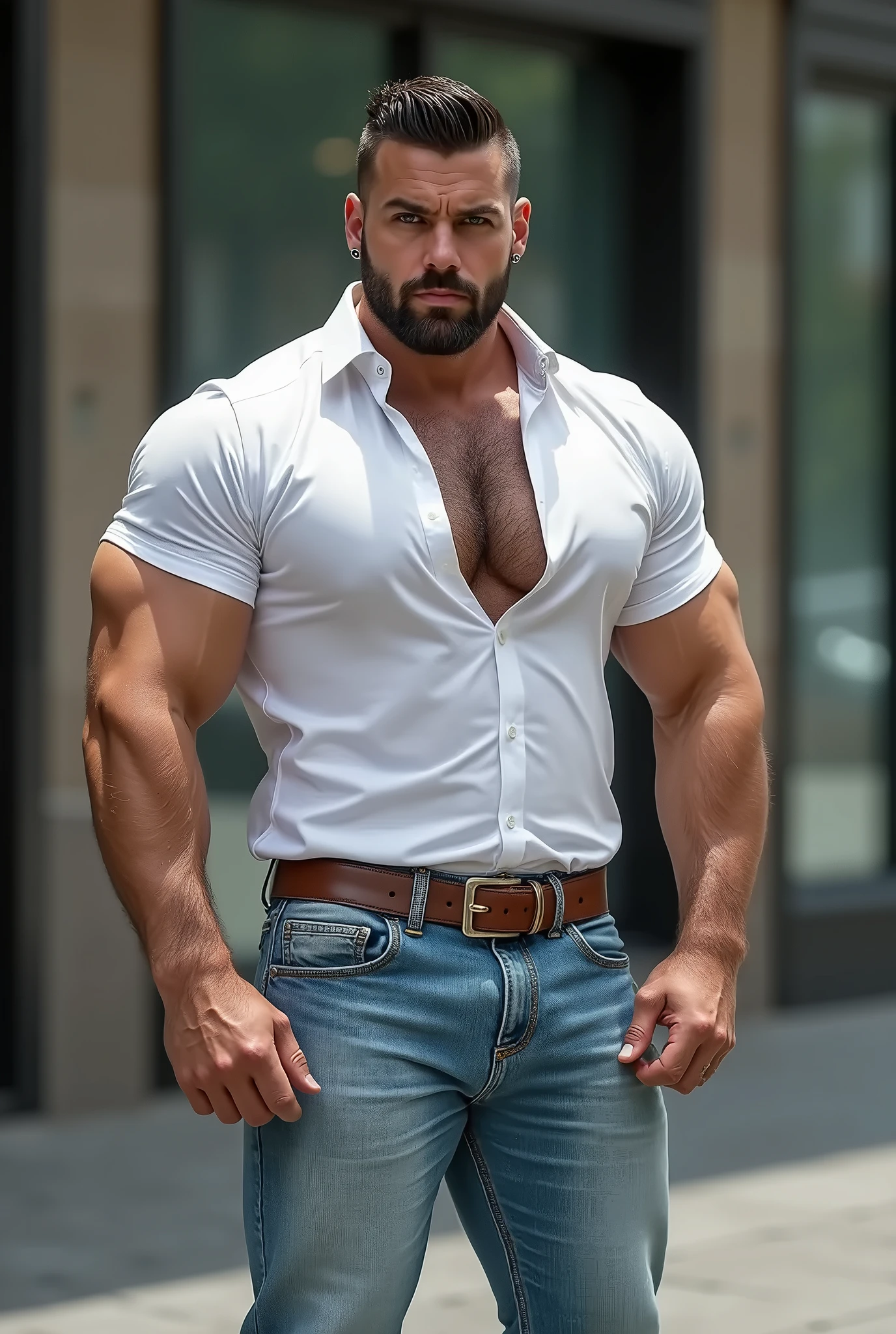 Male Character, handsome indian huge hairy bodybuilder muscular hunk with nice hairstyle, Beard, Sharp Jawline, Intense Eyes, Muscular bodybuilder Body, Standing, Photographic Image, Candid, Beige Colour Color unbutton Shirt, Unbuttoned Shirt Revealing Body, Masterpiece, amazing photography, sexual tension, horny, erect bulge, without clothing, messy hair, brown skin, face, full body, body with hair on chest, light black hair, lots and lots of hair on chest, hairy in the lower part; highly detailed skin, skin pores, sunny weather, steam, showers, 8k uhd, dslr, dim lighting, high quality, film grain, ful body view in photo, head to toe, his perfect( big huge penis) is (coming out) of his pant,masterpieces, seductive, erotic, exotic, lots hairy chest