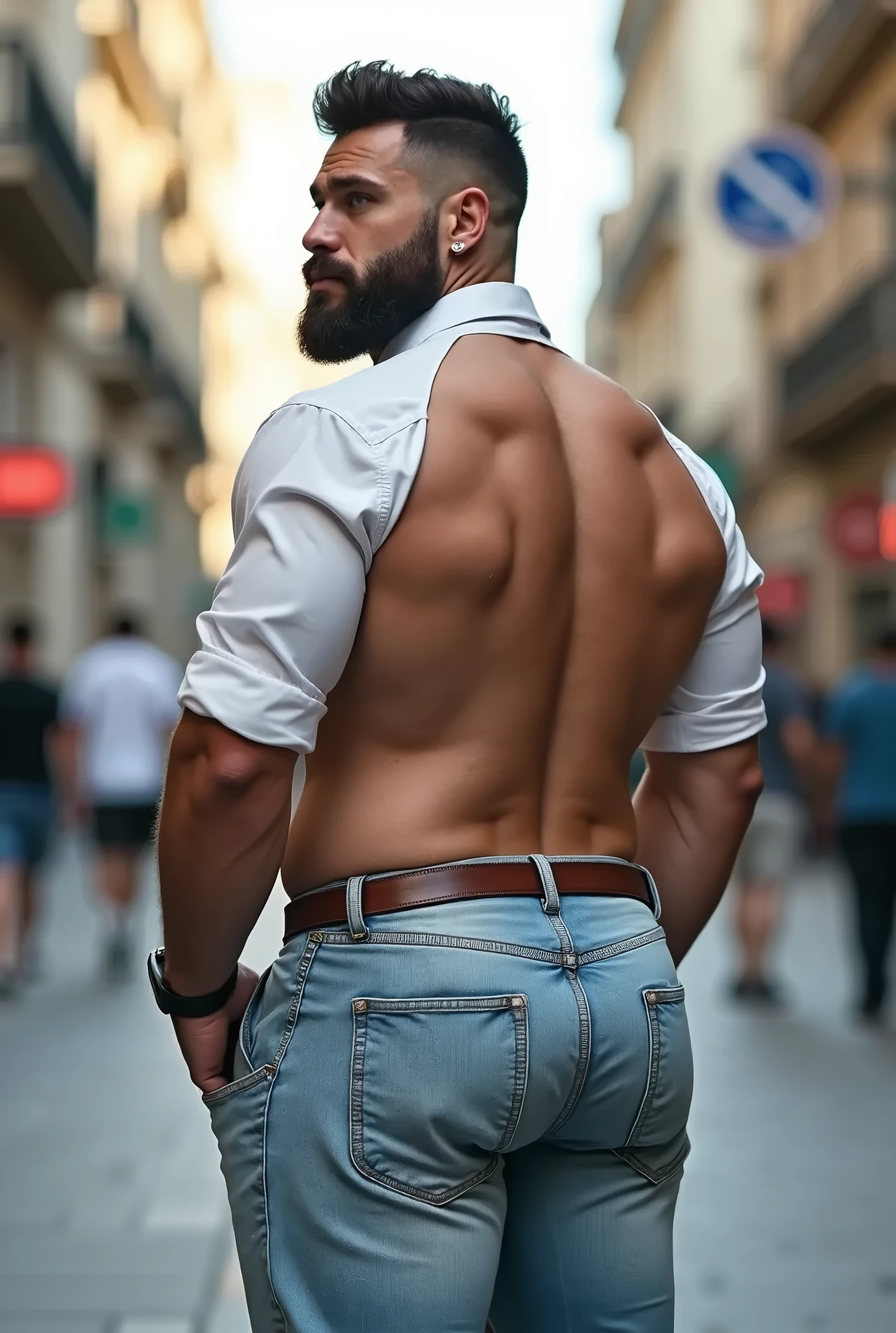 hombre barbudo y musculoso , intrincado, elegant, Sharp focus, foto de greg rutkowski, Soft lighting, Colores vibrantes, Obra maestra, ((calles)), cuerpo completo, jeans backside 