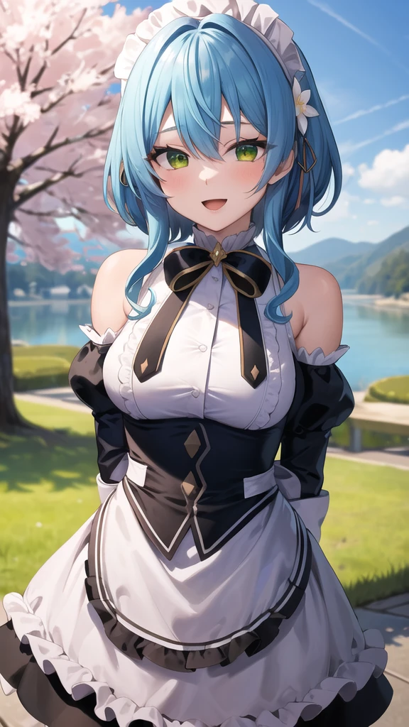 masterpiece, best quality, highres, aavillhaze, short hair, maid headdress, green eyes, breasts, maid, black bowtie, bare shoulders, frills, dress, underbust, detached sleeves, long sleeves, maid apron, arms behind back, smile, open mouth, standing, cowboy shot, leaning forward, outdoors, cherry blossoms,