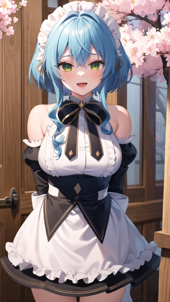 masterpiece, best quality, highres, aavillhaze, short hair, maid headdress, green eyes, breasts, maid, black bowtie, bare shoulders, frills, dress, underbust, detached sleeves, long sleeves, maid apron, arms behind back, smile, open mouth, standing, cowboy shot, leaning forward, outdoors, cherry blossoms,