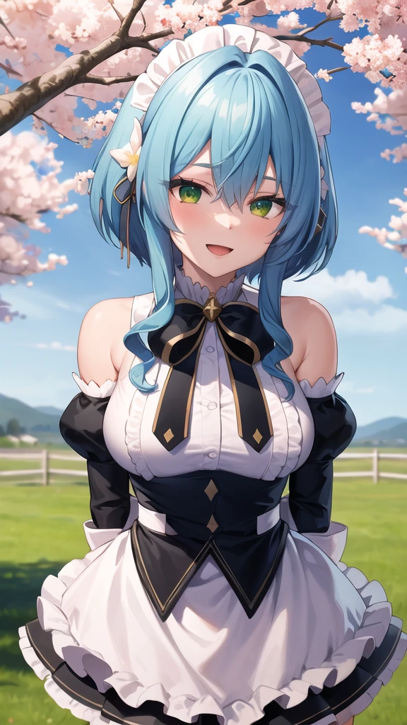 masterpiece, best quality, highres, aavillhaze, short hair, maid headdress, green eyes, breasts, maid, black bowtie, bare shoulders, frills, dress, underbust, detached sleeves, long sleeves, maid apron, arms behind back, smile, open mouth, standing, cowboy shot, leaning forward, outdoors, cherry blossoms,