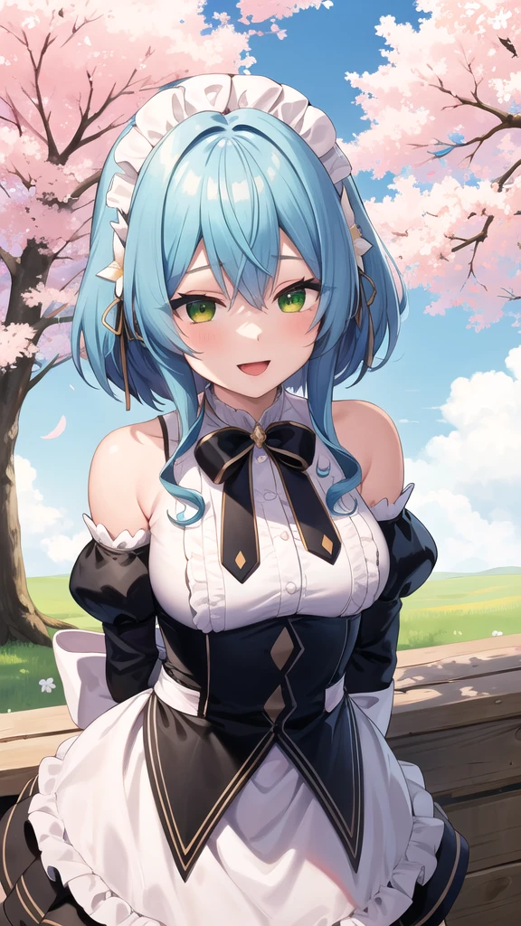 masterpiece, best quality, highres, aavillhaze, short hair, maid headdress, green eyes, breasts, maid, black bowtie, bare shoulders, frills, dress, underbust, detached sleeves, long sleeves, maid apron, arms behind back, smile, open mouth, standing, cowboy shot, leaning forward, outdoors, cherry blossoms,