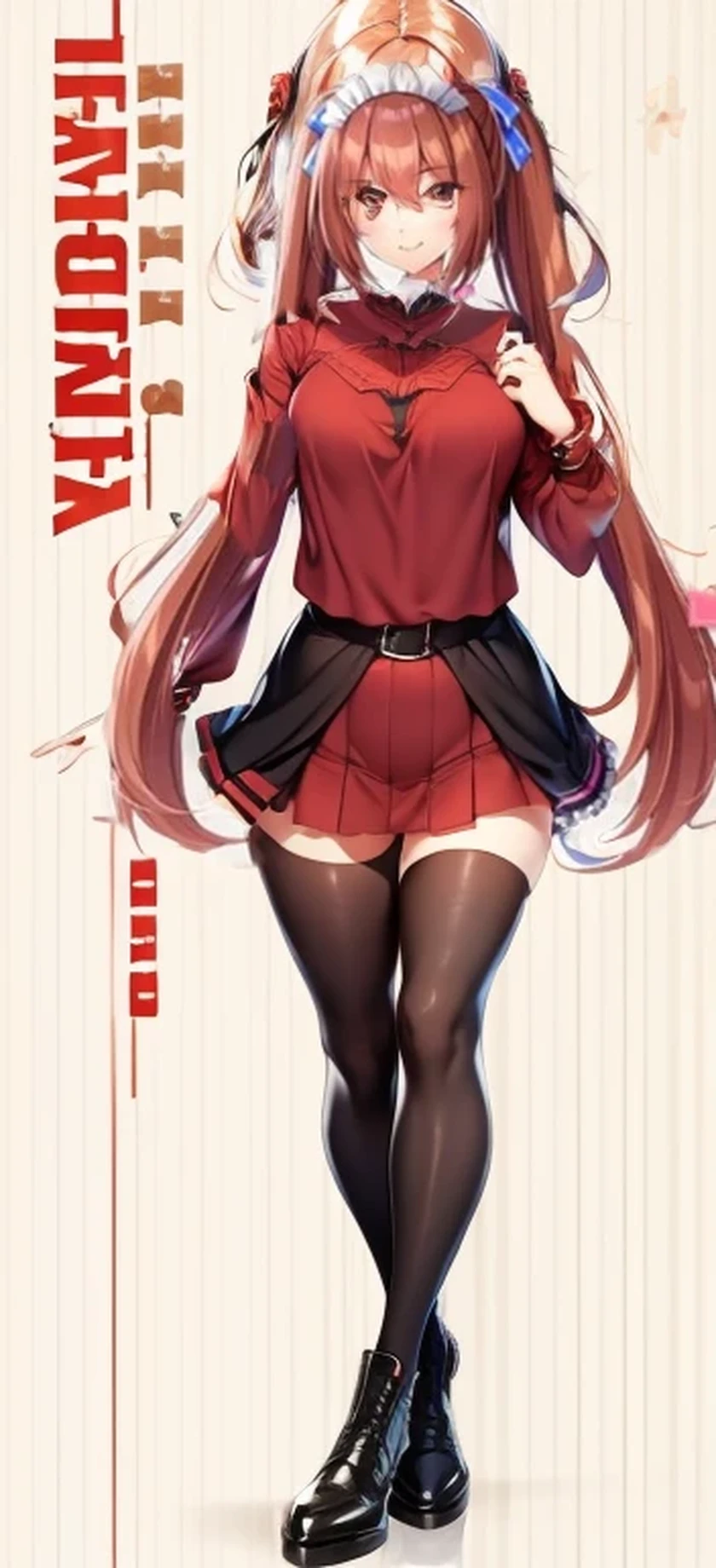 junko enoshima, cabelo longo loiro, 1girl, twintails, solo, seios a mostra, olhos azuis, 鎖骨, seios grandes, franja, blush, boca fechada, sorriso, olhando para o espectador, parte superior do corpo, ornamento de cabelo de urso, esmalte, unhas vermelhas, Red ribbon, camisa preta, sem calcinha , gargantilha, sleeves rolled up, gravata branca, saia xadrez plissada vermelha, uniforme escolar, Black boots crossbow knee, brilhante, cabelo brilhante, estilo botw,