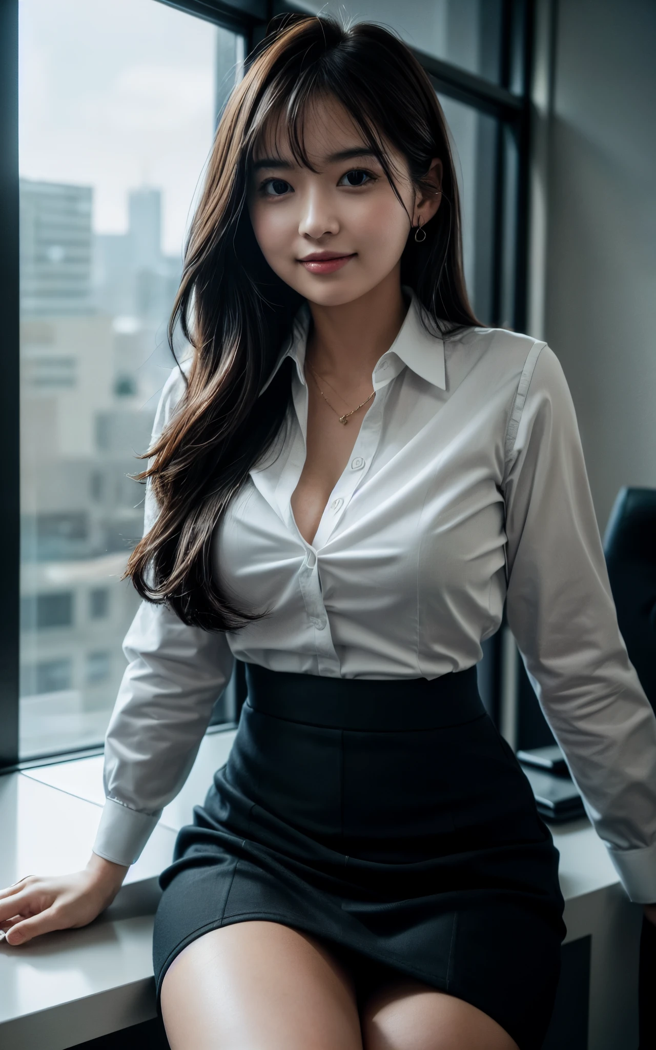 ((Best Quality, 8k, Masterpiecedetails, ultra-high resolution)), (portrait picture:1.2), (looking at the viewer), (fmiddle shot:), attractive business 1 girls, 1 people, a bit chubby:0.15, white collared shirt, grey skirt, (sitting with cross legs on office desks)), smile, office of CEO,