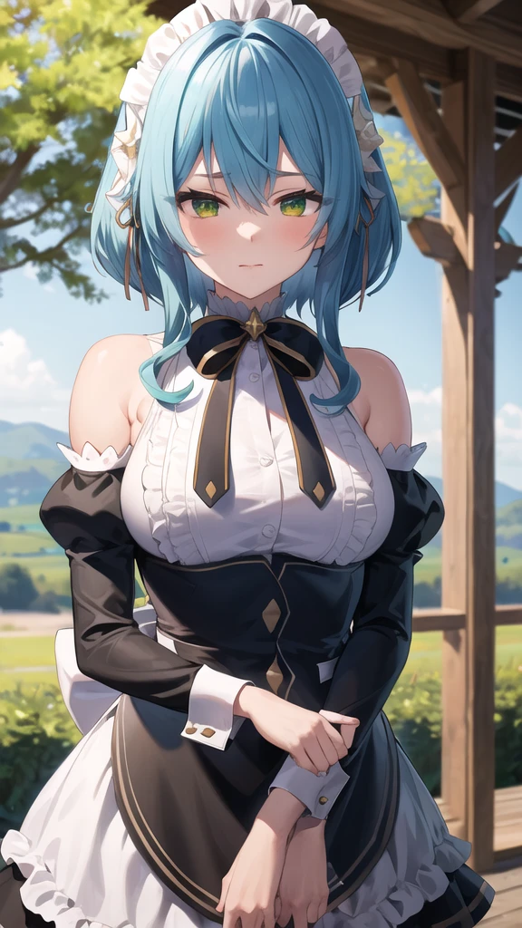 masterpiece, best quality, highres, aavillhaze, short hair, maid headdress, green eyes, breasts, maid, black bowtie, bare shoulders, frills, dress, underbust, detached sleeves, long sleeves, maid apron, standing, cowboy shot, outdoors