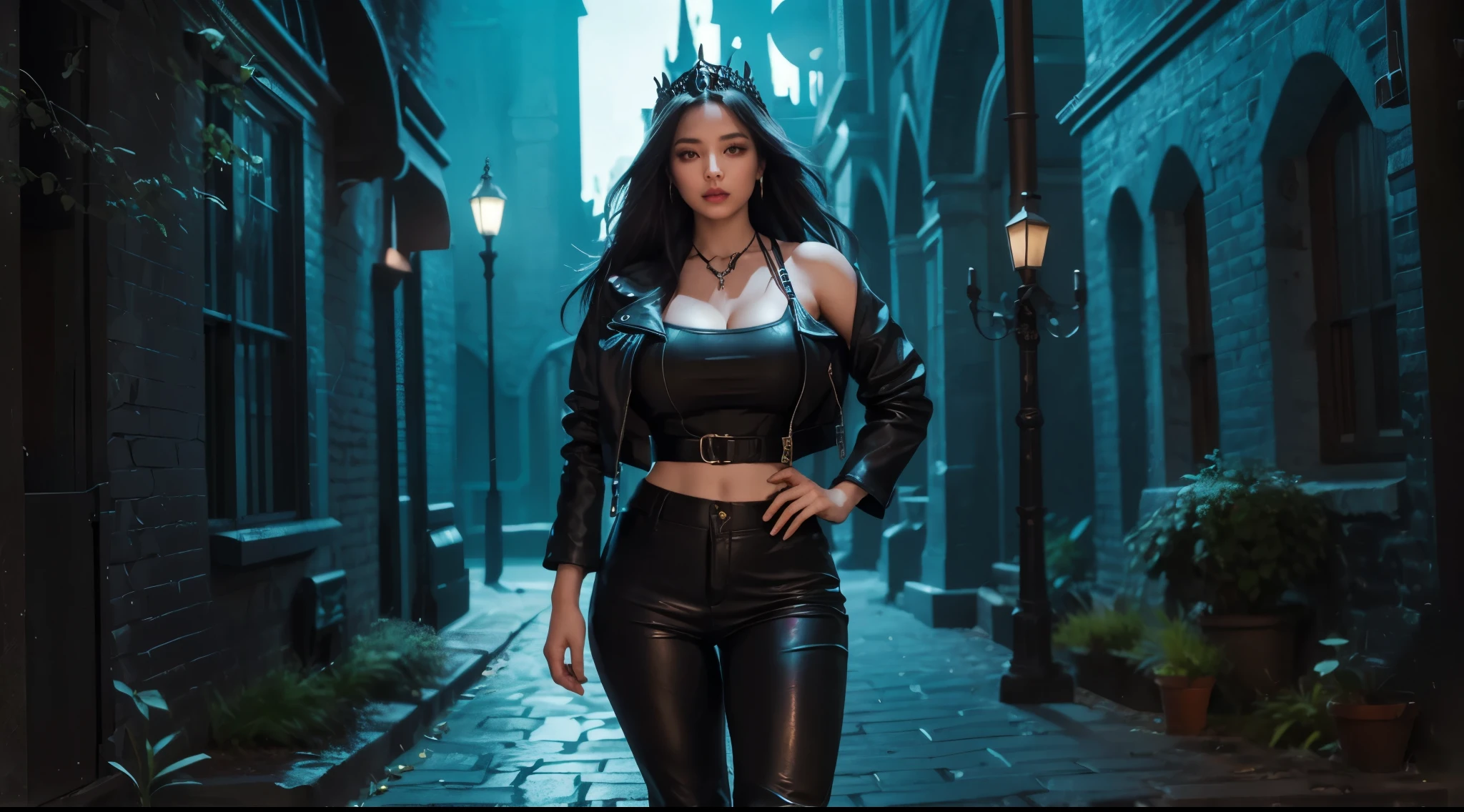 girl, standing, hand on waist, slightly bent leg, long leather jacket, layered hair, crop camisole, (gigantic breasts:1.2), high waisted pants, looking at viewer, glowing hologram, violet dress, fantasy empress, outdoors, gothic architecture, alluring, (midnight, dark night, pitch black night),