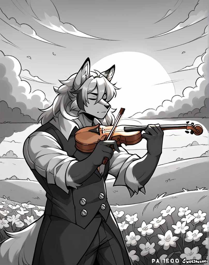 A fox, Black and white fur, masculine, Hairstyle (Long hair), wearing a blouse, playing a violin, stopped, in the middle of a field of flowers, sun, sunset, behind, with eyes closed, youthful face, short beard, necessary, Alta resunución.