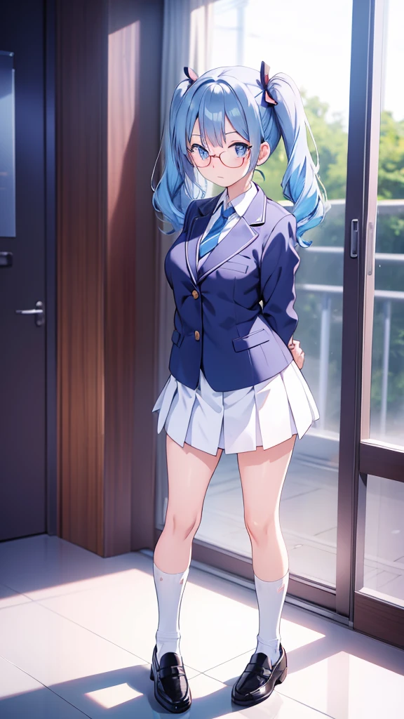 Anime girl standing with her arms folded behind her back　Twin tails　Glasses　White crew socks　Black Loafers　Blazer uniform　tie　Light blue hair　classroom