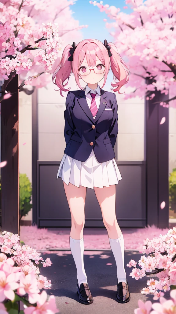 Anime girl standing with her arms folded behind her back　Twin tails　Glasses　White crew socks　Black Loafers　Blazer uniform　tie　Pink Hair　Cherry blossom trees