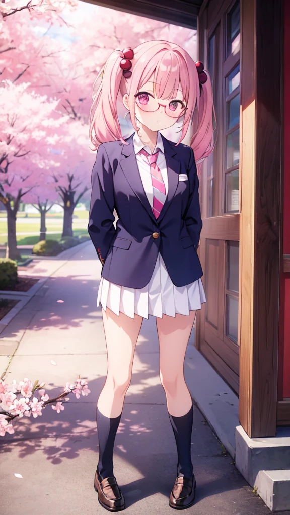 Anime girl standing with her arms folded behind her back　Twin tails　Glasses　White crew socks　Black Loafers　Blazer uniform　tie　Pink Hair　Cherry blossom trees