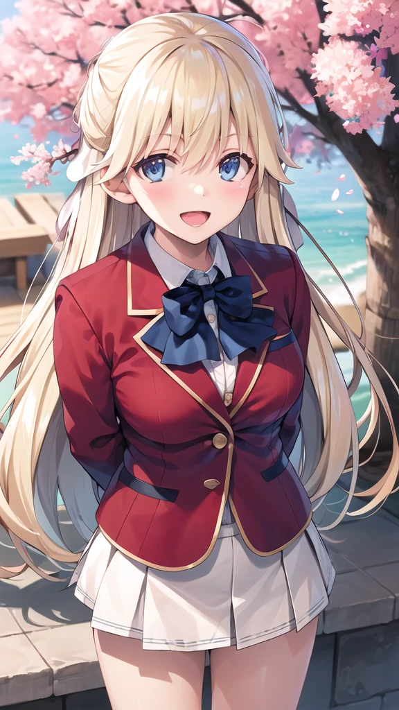 masterpiece, best quality, highres, 1girl, solo, long hair, blonde hair, hair ribbon, bangs, blue eyes, blue bowtie, collared shirt, blazer, red jacket, long sleeves, pleated skirt, white skirt, smile, open mouth, standing, cowboy shot, leaning forward, arms behind back, outdoors, cherry blossoms,