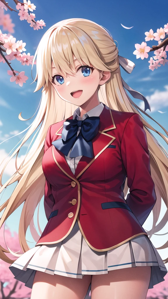 masterpiece, best quality, highres, 1girl, solo, long hair, blonde hair, hair ribbon, bangs, blue eyes, blue bowtie, collared shirt, blazer, red jacket, long sleeves, pleated skirt, white skirt, smile, open mouth, standing, cowboy shot, leaning forward, arms behind back, outdoors, cherry blossoms,