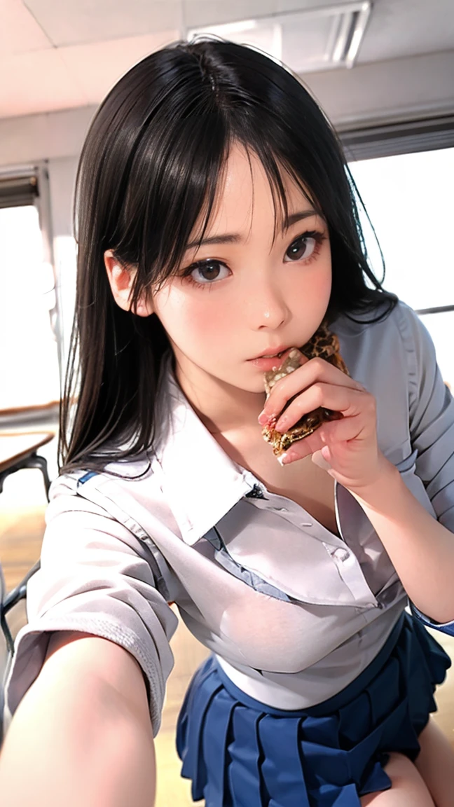1 mannequin1eat real sausage,That mannequin is Alice Hirose.,That mannequin is 44 years old.,mannequin color'The face is pure white.,mannequin color'The body is pure white.,That mannequin has a thin and small face..,The mannequin has black hair(very flat straight hair,bangannequin is long, thin face.,The mannequin is in front of the computer,the mannequin is wearing a dress,The mannequin holds a sausage in both hands.