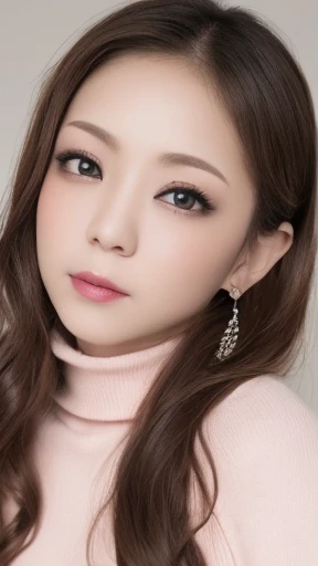 Tabletop、Close-up shot of face、(8k、RAW Photos、Best Quality、masterpiece: 1.2)、Gothic Makeup:1.4、Beautiful big brown eyes、Glowing White Skin、A very sweet and beautiful young woman、((Big Breasts:1.2))、turtleneck sweater, mini-skirt, (earrings, on), (erotic expression, on)、Pastel pink lipstick,long eyelashes,Blurred black background:1.5、Photo Studio、Cinema Lighting、Professional photographer