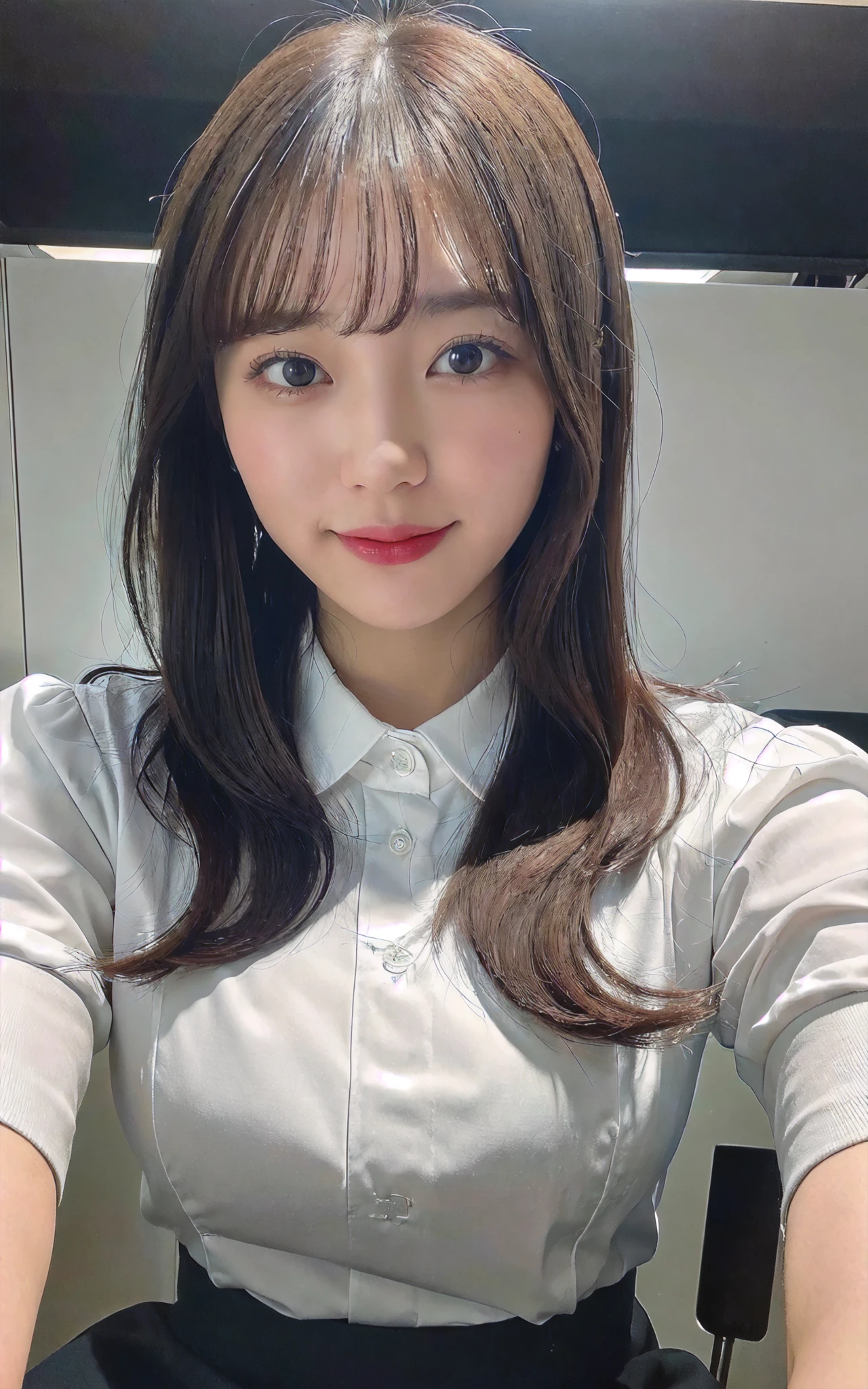 ((Best Quality, 8k, Masterpiecedetails, ultra-high resolution)), (portrait picture:1.2), (looking at the viewer), (fmiddle shot:), attractive business 1 girls, 1 people, a bit chubby:0.15, white collared shirt, grey skirt, (sitting with cross legs on office desks)), smile, office of CEO,