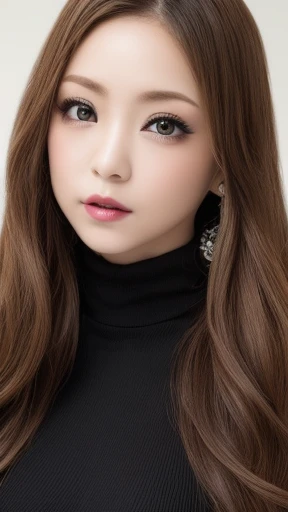 Tabletop、Close-up shot of face、(8k、RAW Photos、Best Quality、masterpiece: 1.2)、Gothic Makeup:1.4、Beautiful big brown eyes、Glowing White Skin、A very sweet and beautiful young woman、((Big Breasts:1.2))、turtleneck sweater, mini-skirt, (earrings, on), (erotic expression, on)、Pastel pink lipstick,long eyelashes:1.3,Blurred black background:1.5、Photo Studio、Cinema Lighting、Professional photographer