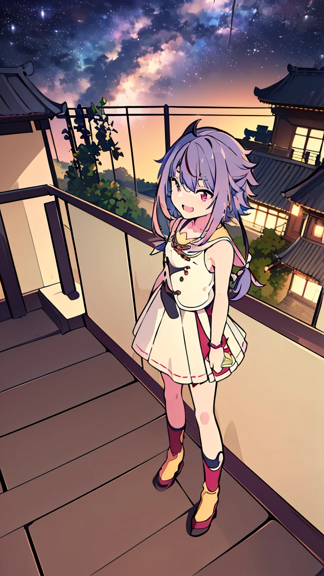 masterpiece, Best Quality, High resolution, Very detailed,(((Mikoto Naruhana))), (((handrail))), (((rooftop))), (((Laughing out loud。)))、(((Standing at a distance))), (((Facing forward。))), night, (((Starry Sky))), (((Plants))), (((sepia))), (((Multicolored Hair))), (((horn))), (((Pink Eyes)))