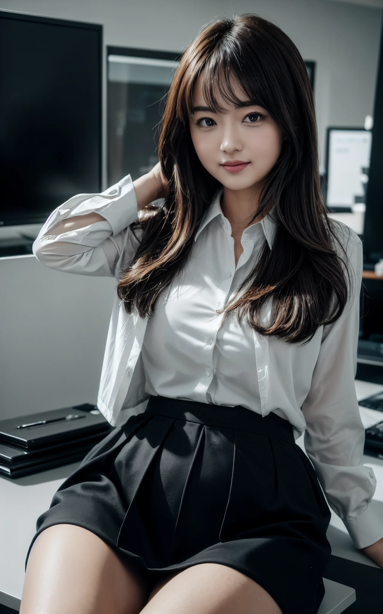 ((Best Quality, 8k, Masterpiecedetails, ultra-high resolution)), (portrait picture:1.2), (looking at the viewer), (fmiddle shot:), attractive business 1 girls, 1 people, a bit chubby:0.15, white collared shirt, grey skirt, (sitting with cross legs on office desks)), smile, office of CEO,