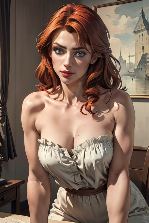 a woman, red head, white dress, lustful  <lora:Manara:1.2>