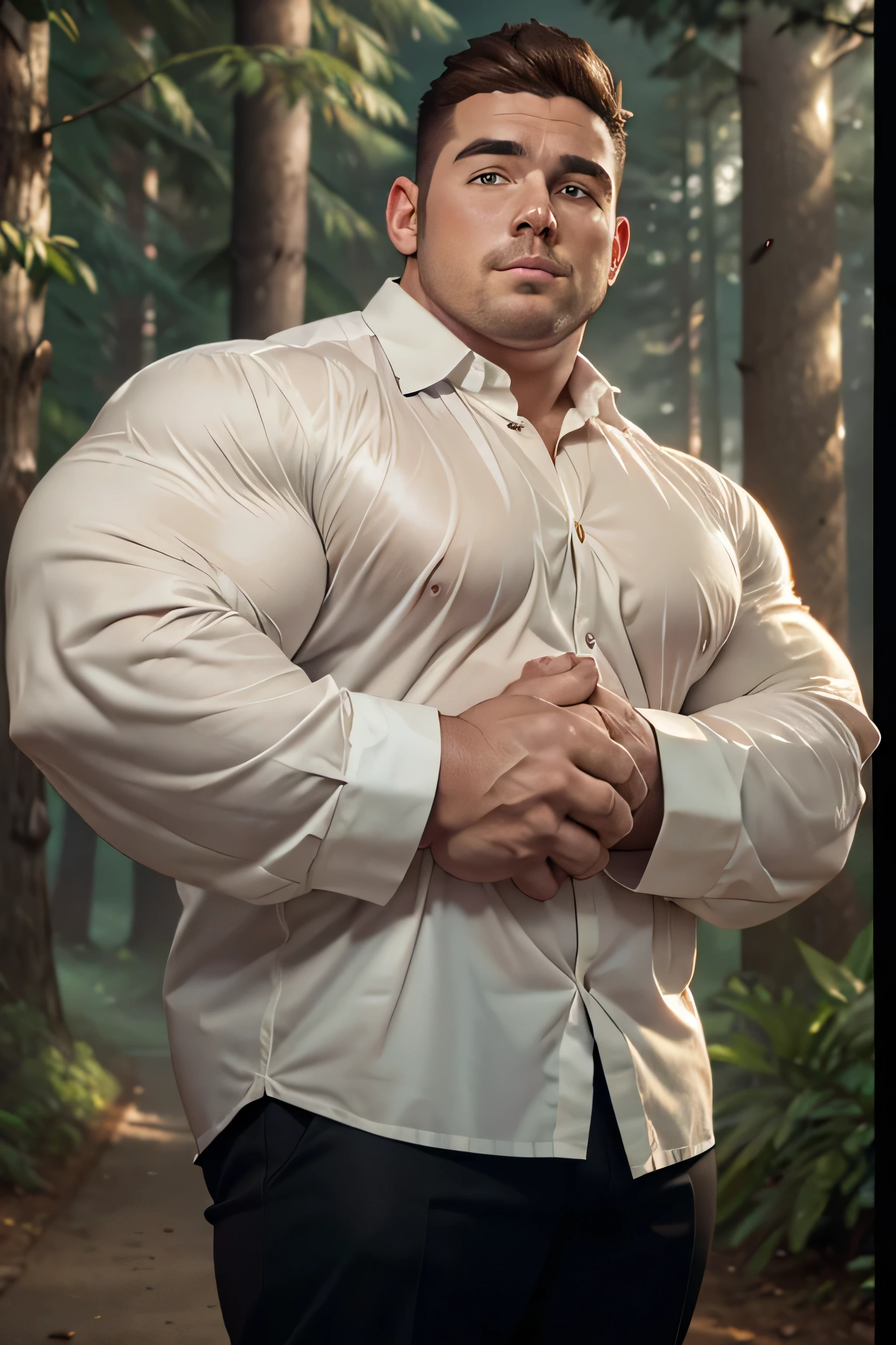 (8K. hyper-realistic, high definition, masterpiece) Handsome Caucasian businessman. 6'4- tall. Chubby- faced. Plump- faced. Chubby guy, medium- length brown hair. fluffy body. not muscular. Wearing a white, rolled-up long- sleeved shirt, wearing khaki trousers. scruffy face. upper-body shot. Baguio, Philippines. evening. dark background. foggy background. pine trees on the background. blurred background.