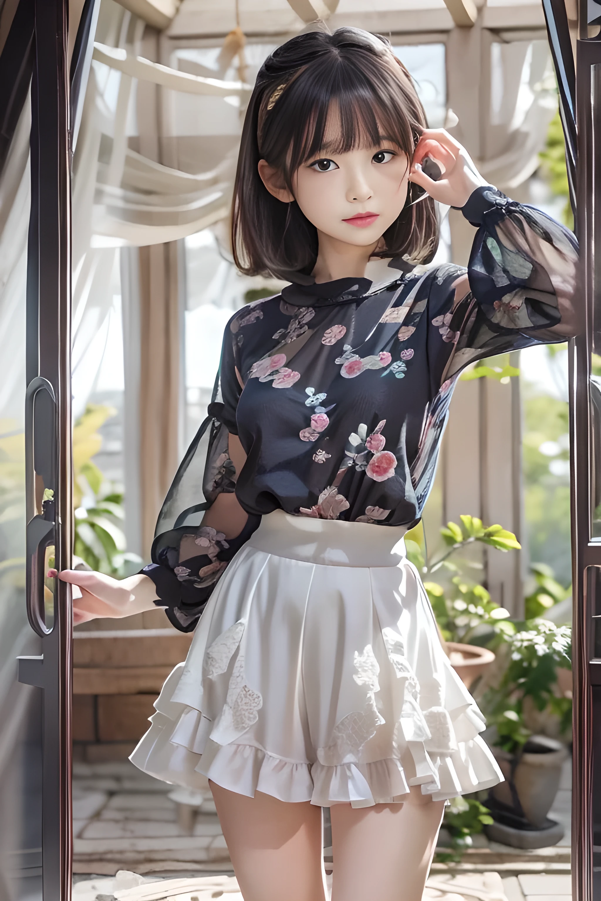 (upper body) , masterpiece , top quality , very detailed , 1 person, (contrasting eyes) , standing , blouse, skirt , bangs , room , indoor