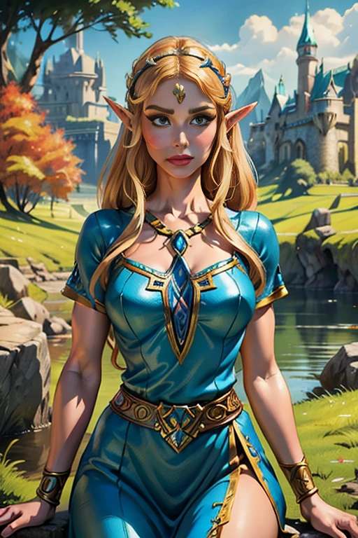 a detailed portrait of a petite elven princess named Zelda, wearing her iconic original game outfit, set against a background of Hyrule Castle, beautiful detailed face and eyes, long eyelashes, delicate features, slender figure with wide hips, intricate fantasy costume design, cinematic lighting, vibrant colors, digital art, 8K, photorealistic, masterpiece