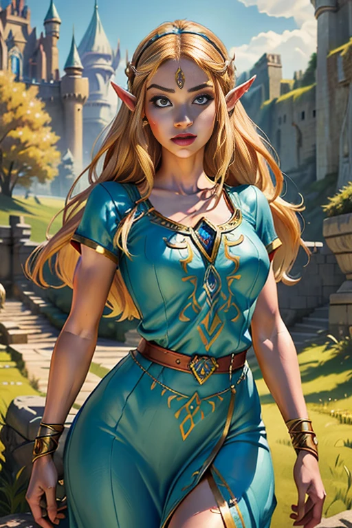 a detailed portrait of a petite elven princess named Zelda, wearing her iconic original game outfit, set against a background of Hyrule Castle, beautiful detailed face and eyes, long eyelashes, delicate features, slender figure with wide hips, intricate fantasy costume design, cinematic lighting, vibrant colors, digital art, 8K, photorealistic, masterpiece