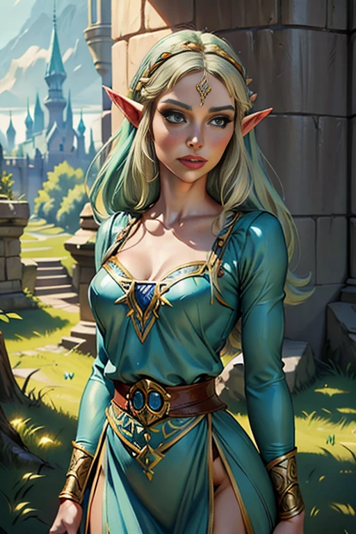 a detailed portrait of a petite elven princess named Zelda, wearing her iconic original game outfit, set against a background of Hyrule Castle, beautiful detailed face and eyes, long eyelashes, delicate features, slender figure with wide hips, intricate fantasy costume design, cinematic lighting, vibrant colors, digital art, 8K, photorealistic, masterpiece