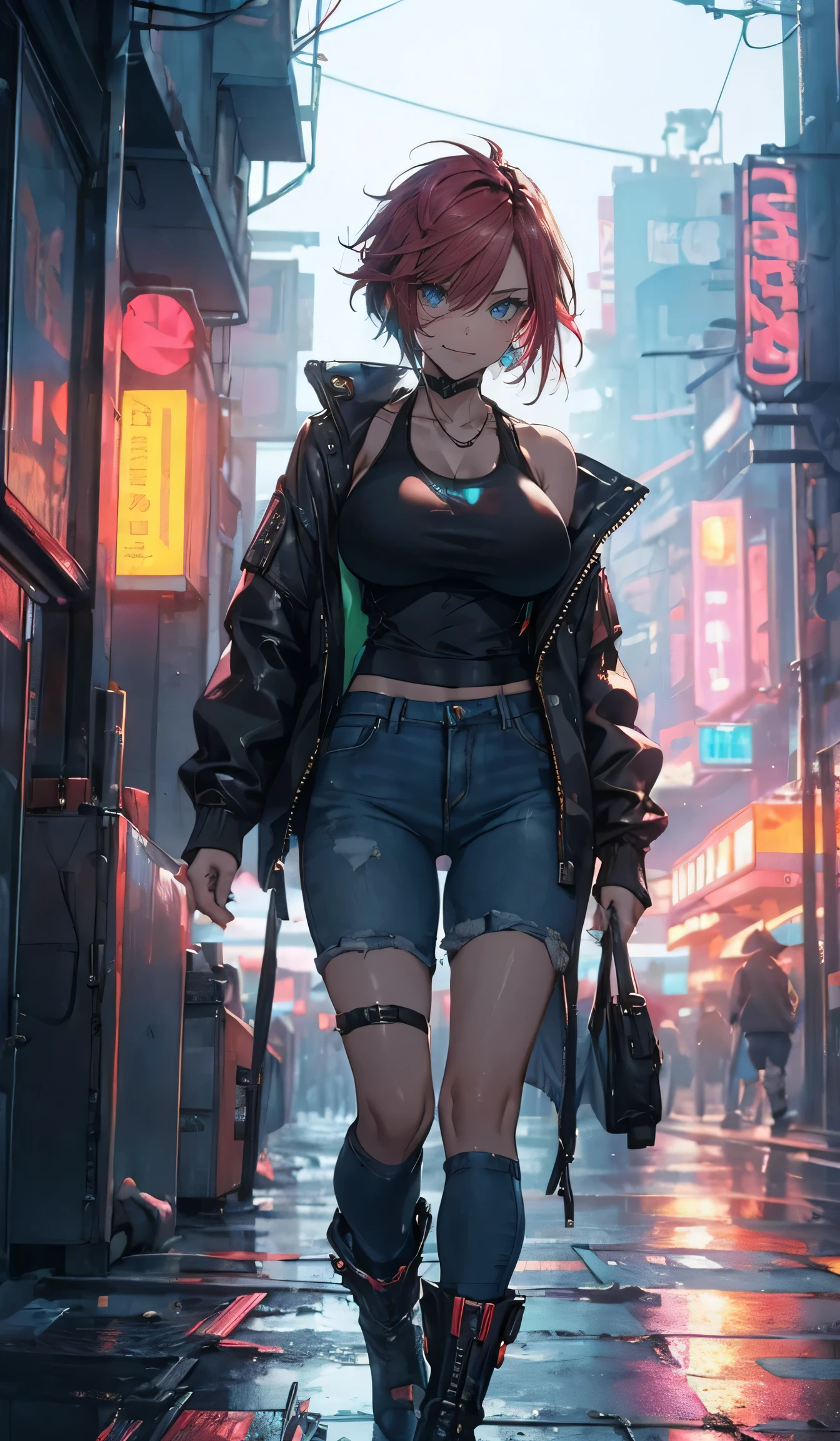 ((Big Breasts,cyberpunk,jacket,Tank tops)),beautiful, masterpiece, Best Quality,Beauty, Look at the viewers,smile,boots,Smiling,Facing forward,neon lights,Live House,alley,Short denim pants,Short Hair,rain,豪rain,Squall,Red Hair