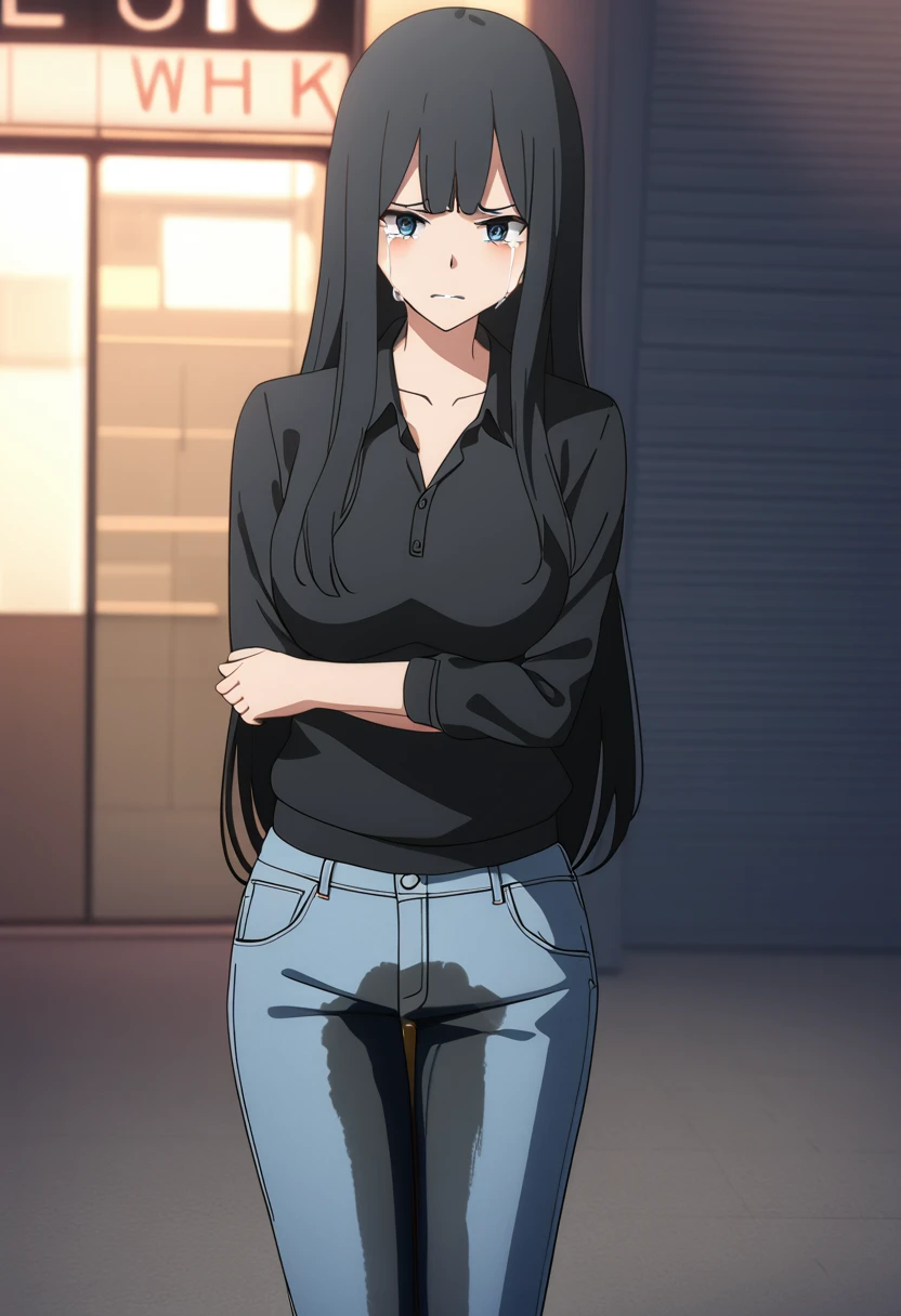A woman with very long black hair and (very long bangs:1.5), wearing a stylish jacket and tight jeans, standing. The artwork is inspired by manga and incorporates a doujin style. The woman appears to be (wetting herself:1.5), which causes her to feel embarrassed and humiliated, resulting in a blush on her face. In addition, there is an air of anger in her expression. The lighting in the scene is moody, with a spotlight highlighting the woman's figure. She is crossing her arms, (arms crossed:1.5), fully showcasing her jeans., large breasts