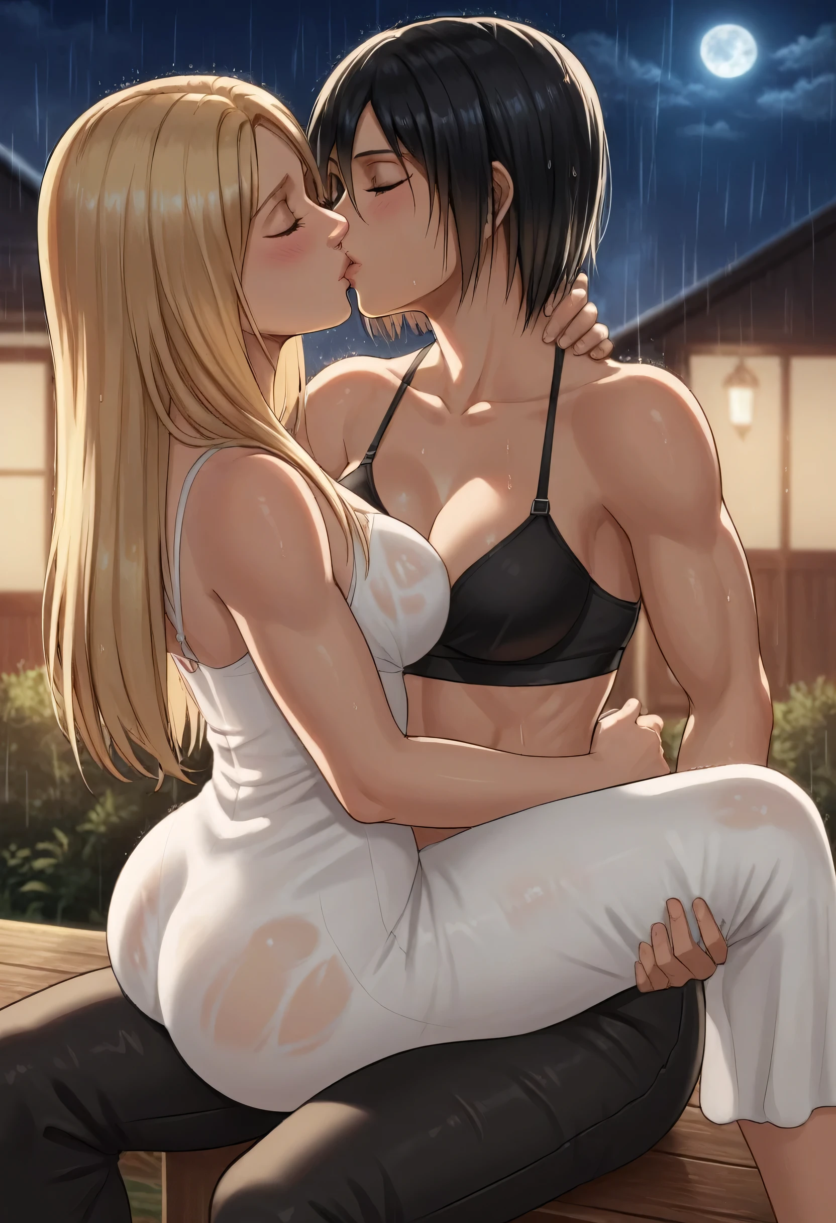 score_9, score_8_up, score_7_up, BREAK source_anime, historia reiss, blue eyes, blonde hair, long hair, medium breasts, long white dress sleeveless,female black hair soldier hugs historia,Mikasa with historia hugs,mikasa wreanig black sport bra and black combat pants,Mikasa female with short hair,mikasa female medium breasts,eyes closed,in night,moon in sky,mikasa final season,mikasa,Mikasa hugs historia،mikasa femboy,mikasa final season,historia blonde hair,hugs and kissing,mikasa carrying historia and kissing her,Mikasa lifts Historia up and kisses her.in middle night,raining outside,mikasa final season,girls kissing,girl×girl,lesbians,yuri,romantic wallpapers,historia sitting on mikasa and kissing her,Mikasa in both hands touch historia ass, raining,wet body's,water dropped on mikasa and historia body's,