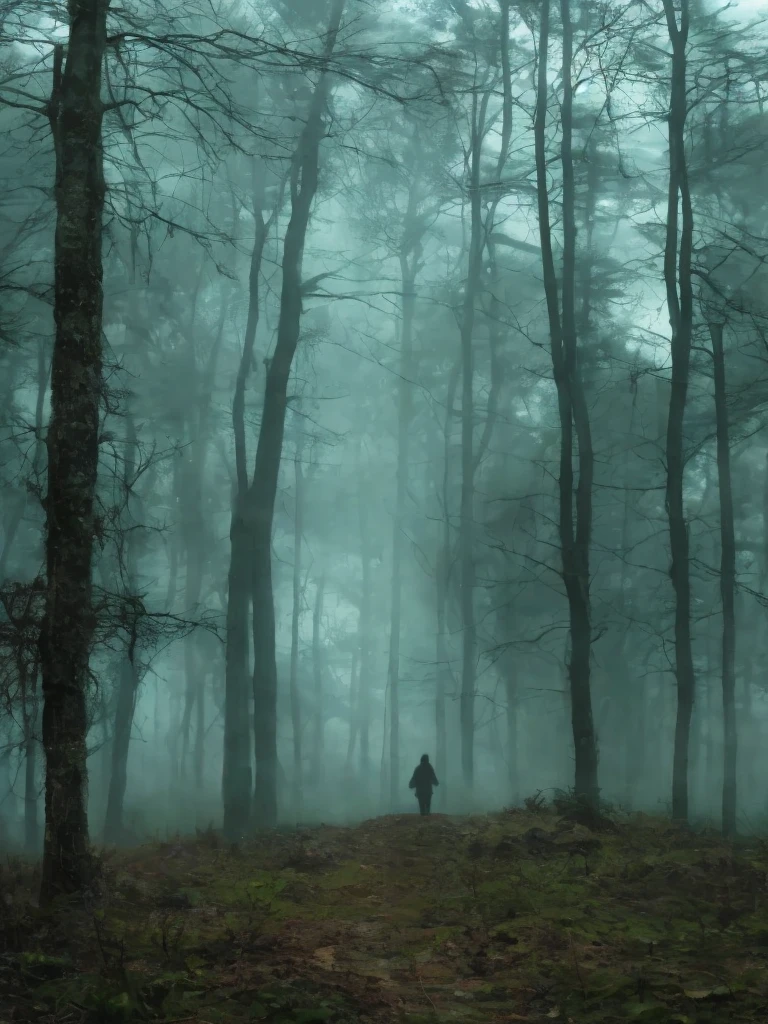 The Witch’s Fogbound Grove. Cursed forest of the damned! A Grim new englad witch fable, forbidden folktales, disturbing narritive, a shadowy forest blanketed in thick fog, the moonlight barely filters through the twisted branches. The fog swirls around ancient trees and overgrown roots, with strange symbols carved into the tall creepy tree trunks. In the distance, a mysterious witch in a dark hooded cloak stands next to a crumbling stone altar, her eyes glowing faintly through the mist. The air crackles with dark magic, and the silence is broken only by the rustle of the wind, as if the forest itself is alive and watchin, atmospheric art by - Makoto Sato and Daisuke Satake, Stefan Koidl, Boris Groh and Jocelin Carmes, ominous sky, gritty matte painting, cerebral horror, tense art, immersive storytelling art.